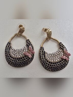 Gold-Tone Purse Butterfly Statement Earrings with Navy, Clear & Pink Crystals